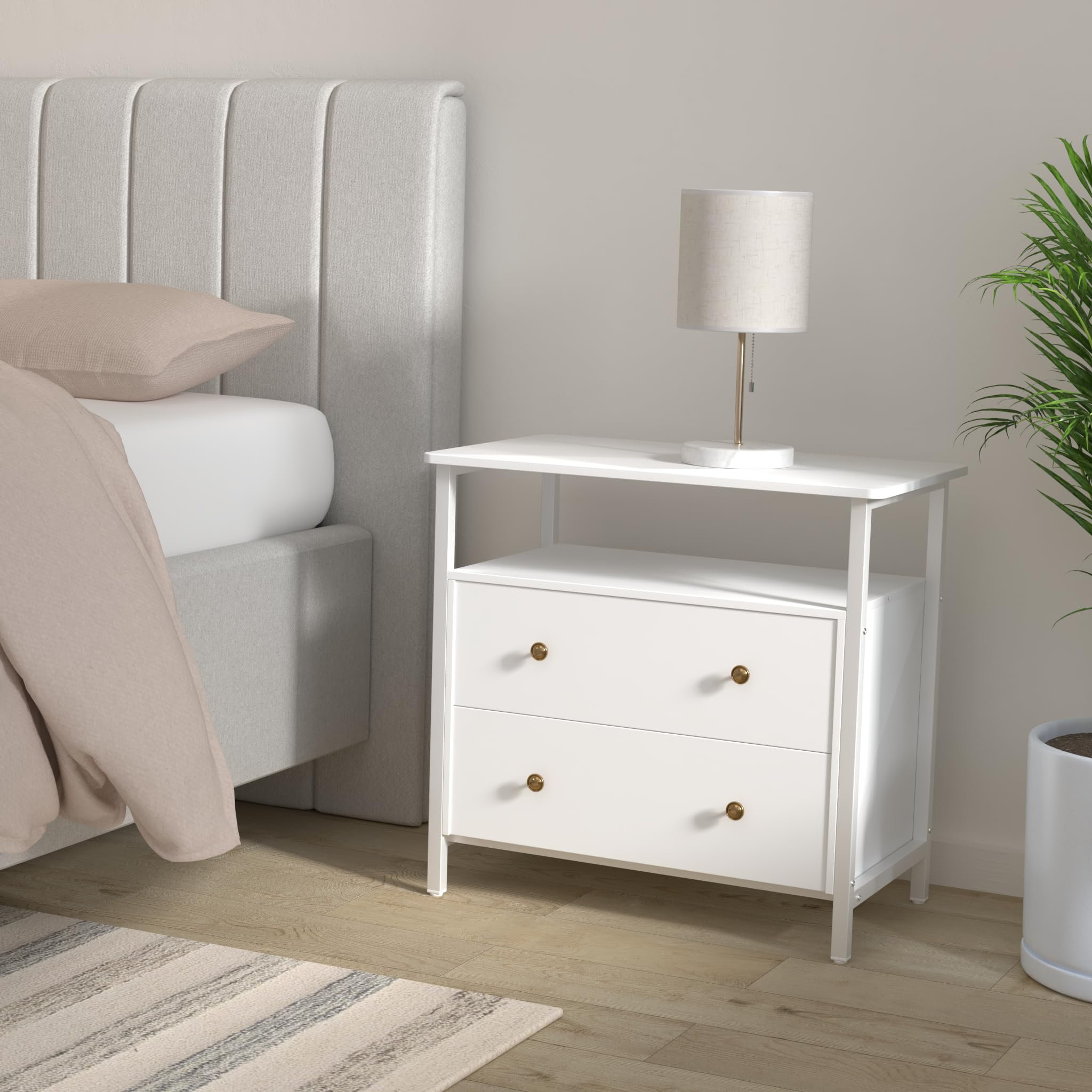 Hokku Designs 27 Inch Wide Nightstand With Charging Station Bedside Table With Open Shelf 2 Drawers Small Wood Dresser End Side Table For Bedroom
